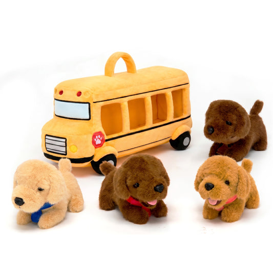 Personalisierbares Plüsch-Schulbus-Spielset mit Golden-Retriever-Welpen (5-teiliges Set)
