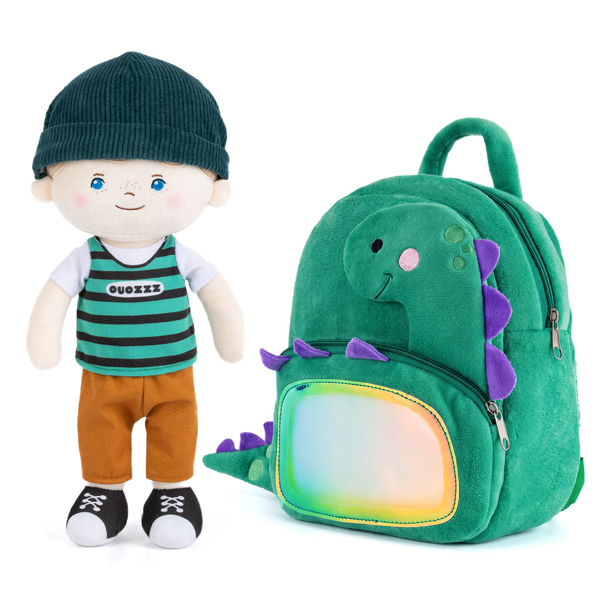 Personalisierter Plüschrucksack Grüner Dinosaurier