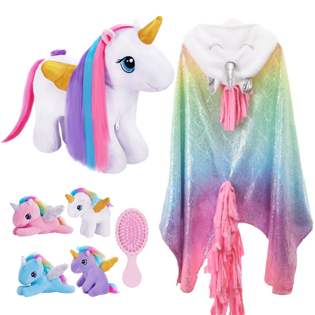 Einhorn-Mama mit Regenbogenmähne und 4 Babys – Plüschfigur