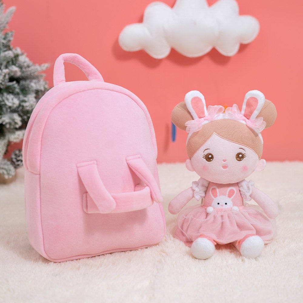 Puppenia Personalisierte Plüschpuppe im Hasenkostüm Kaninchen🐰+Rosa Rucksack🎒