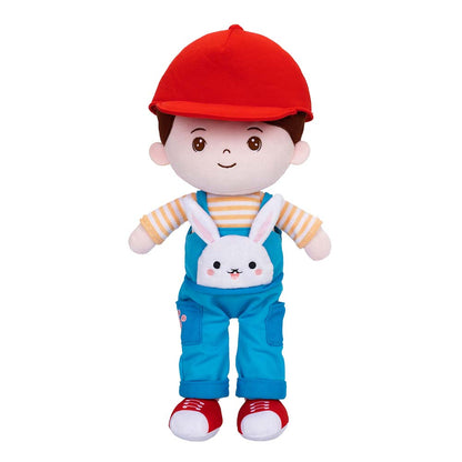 Personalisierte Plüschpuppe für Jungen im Kaninchen-Overalls