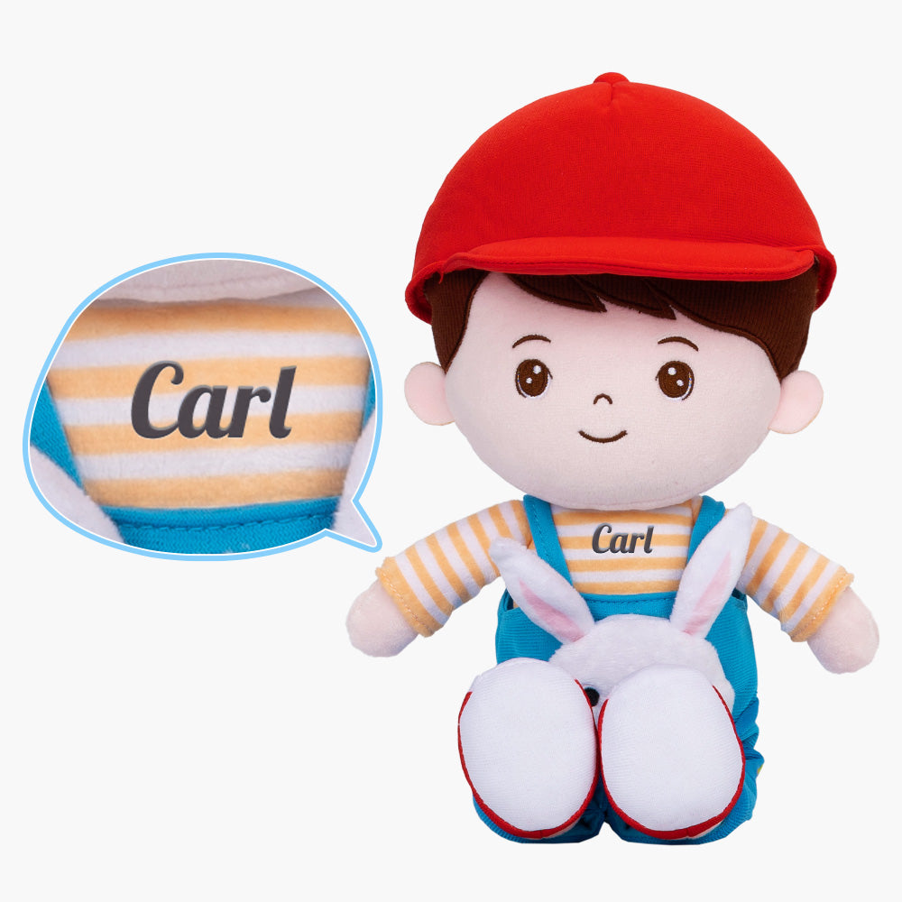 Personalisierte Plüschpuppe für Jungen im Kaninchen-Overalls