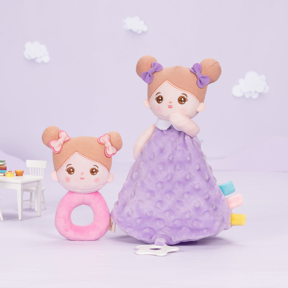 Lila Weiches Plüsch-Handtuch-Spielzeug mit Beißring für Babys