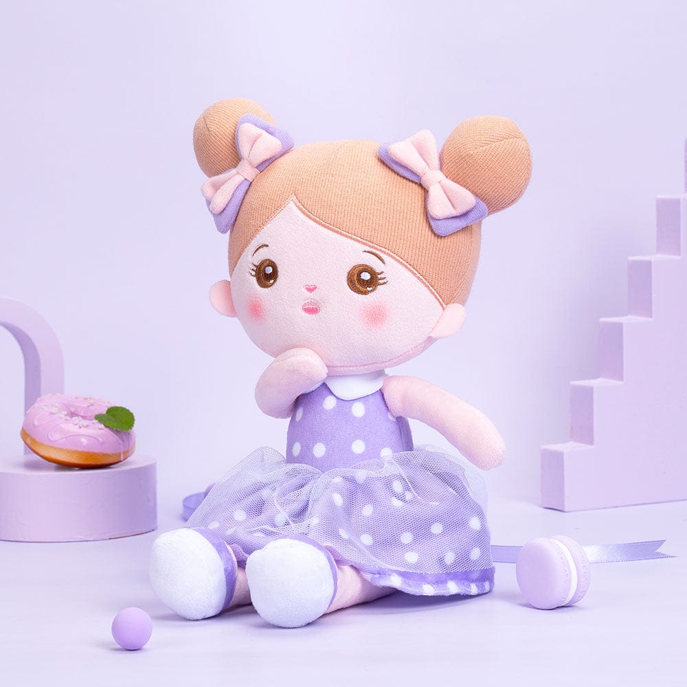 Puppenia Personalisierte Plüschpuppen mit Offenen Augen im Kleid mit Lila Punkten