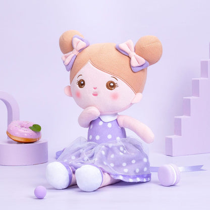 Puppenia Personalisierte Plüschpuppen mit Offenen Augen im Kleid mit Lila Punkten