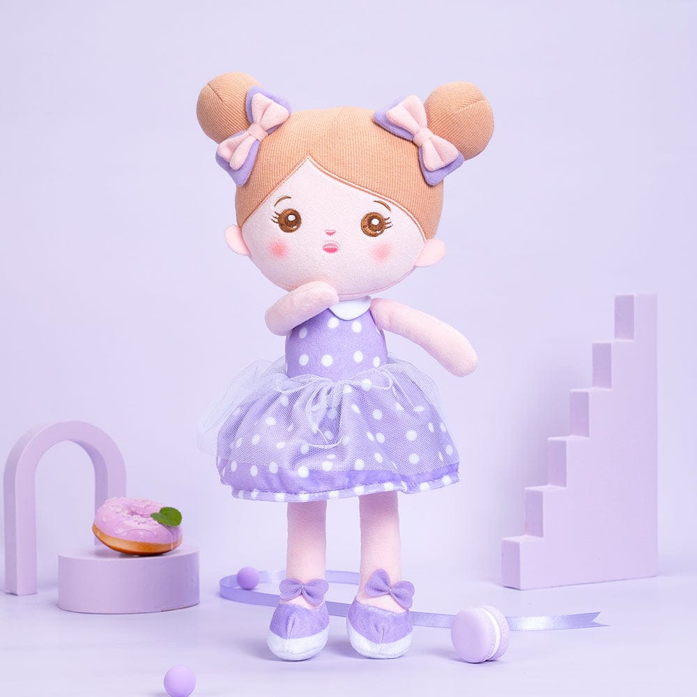 Puppenia Personalisierte Plüschpuppen mit Offenen Augen im Kleid mit Lila Punkten