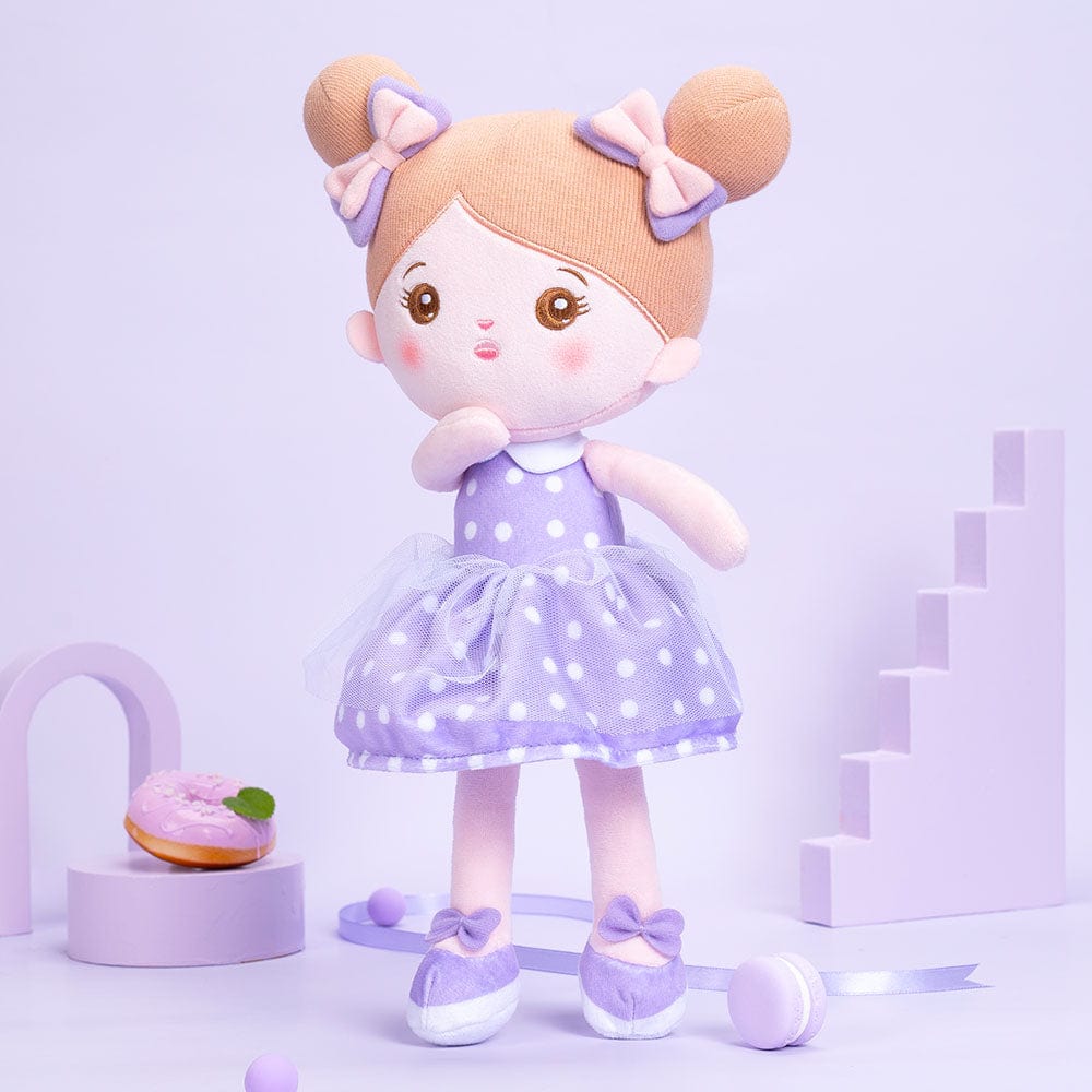 Puppenia Personalisierte Plüschpuppen mit Offenen Augen im Kleid mit Lila Punkten