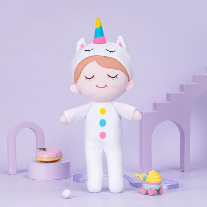 Personalizedoll Personalisierte Plüschpuppe mit Regenbogenwimpern im Einhorn-Pyjama