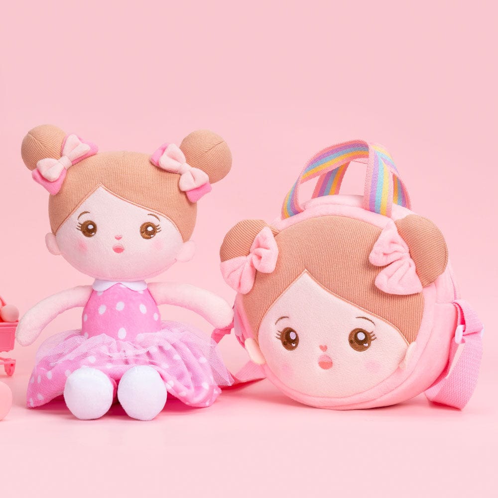 Puppenia Personalisierte Plüschpuppen mit Offenen Augen im Kleid mit Rosa Punkten