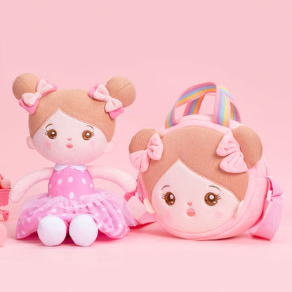 Puppenia Personalisierte Plüschpuppen mit Offenen Augen im Kleid mit Rosa Punkten
