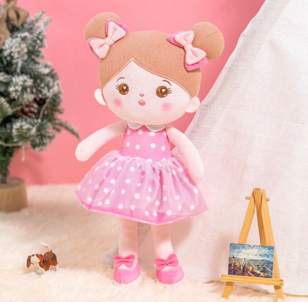 Puppenia Personalisierte Plüschfigur im rosa gepunkteten Kleid Punkte Rosen🌸