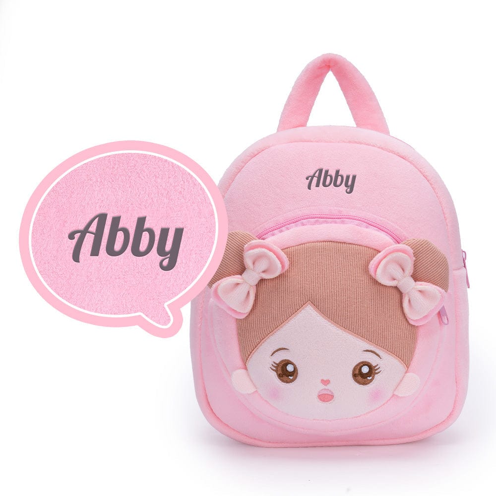 Puppenia Personalisierte Plüschpuppe im rosa gepunkteten Kleid + Kinderrucksack Punkte Rosen🌸+Rucksack🎒