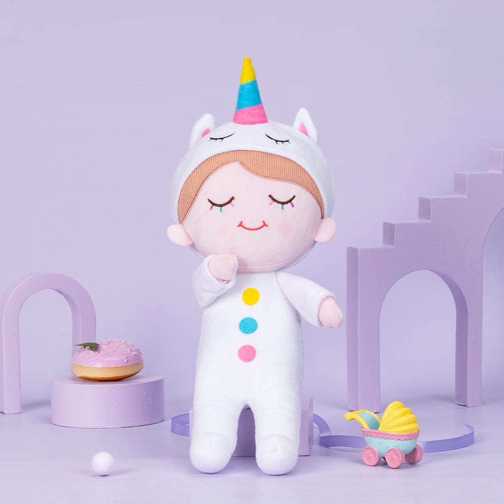 Personalizedoll Personalisierte Plüschpuppe mit Regenbogenwimpern im Einhorn-Pyjama