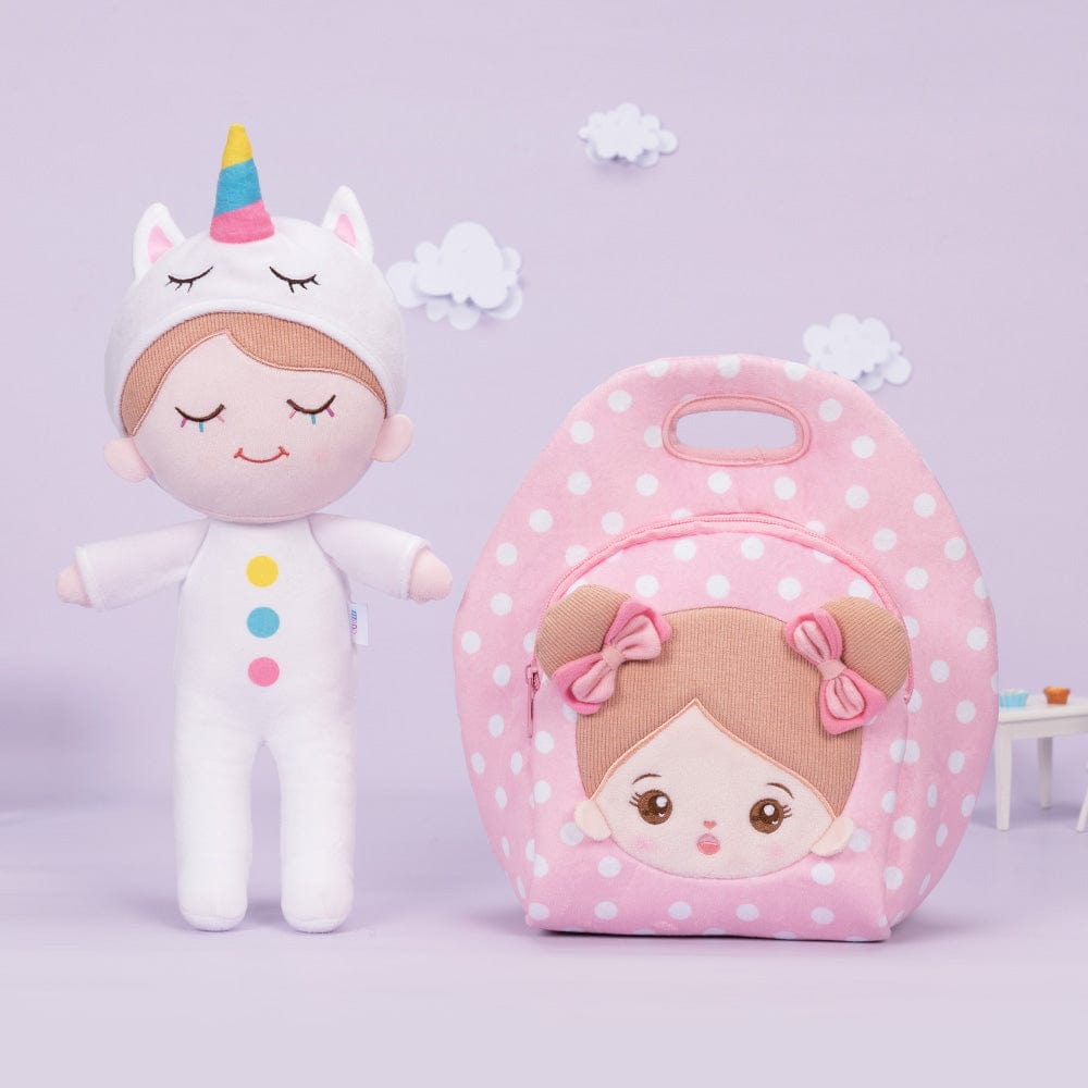 Personalizedoll Personalisierte Plüschpuppe mit Regenbogenwimpern im Einhorn-Pyjama Mit Lunchpaket🍱