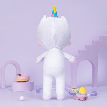 Personalizedoll Personalisierte Plüschpuppe mit Regenbogenwimpern im Einhorn-Pyjama