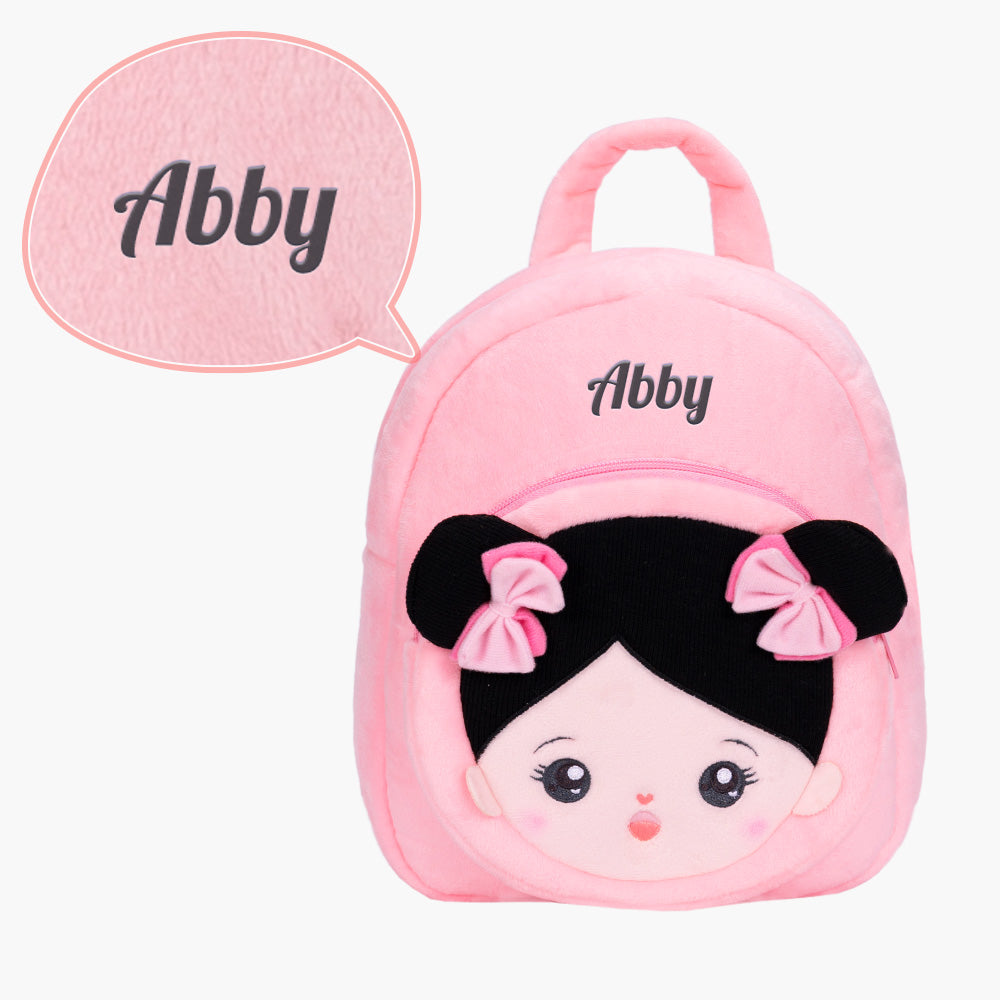 Personalisierter Plüschrucksack Rosa mit Offenen Augen im Schwarzes Haar