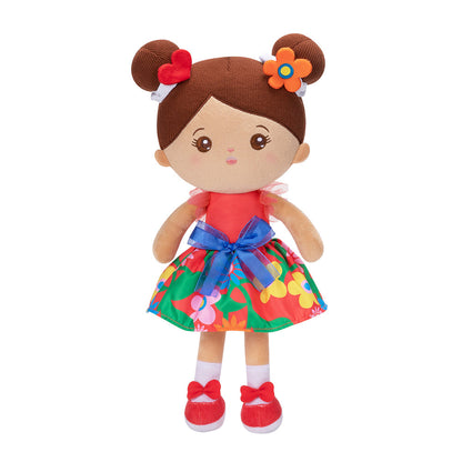 Personalisierte Plüschpuppen mit Offenen Augen im Braune Haut & Rotes Blumenkleid