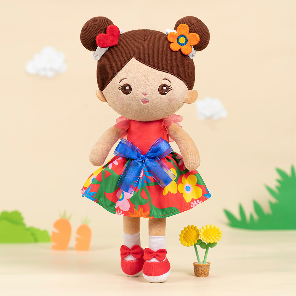 Personalisierte Plüschpuppen mit Offenen Augen im Braune Haut & Rotes Blumenkleid