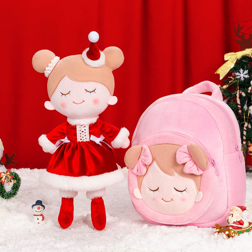 OUOZZZ Personalisierte Plüschpuppe mit Regenbogenwimpern im Rotes Weihnachtskleid Weihnachtsmädchen🤶 + Rucksack