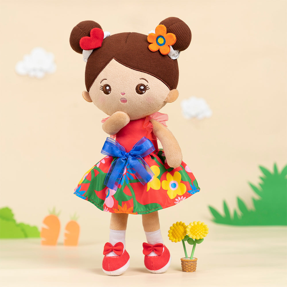 Personalisierte Plüschpuppen mit Offenen Augen im Braune Haut & Rotes Blumenkleid