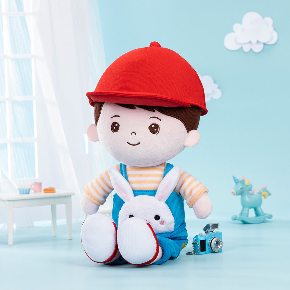 Personalisierte Plüschpuppe für Jungen im Kaninchen-Overalls