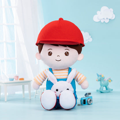 Personalisierte Plüschpuppe für Jungen im Kaninchen-Overalls