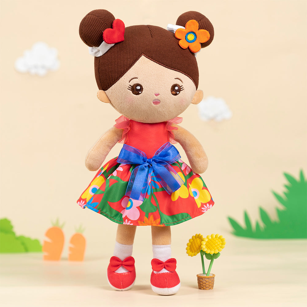 Personalisierte Plüschpuppen mit Offenen Augen im Braune Haut & Rotes Blumenkleid