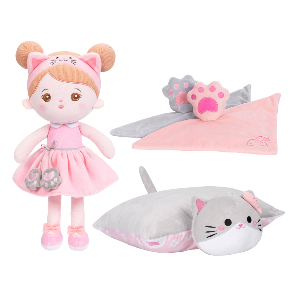 Personalisierte Plüsch-Katzenpuppe & Kissen & Beruhigendes Handtuch Geschenkset