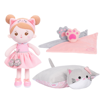 Personalisierte Plüsch-Katzenpuppe & Kissen & Beruhigendes Handtuch Geschenkset