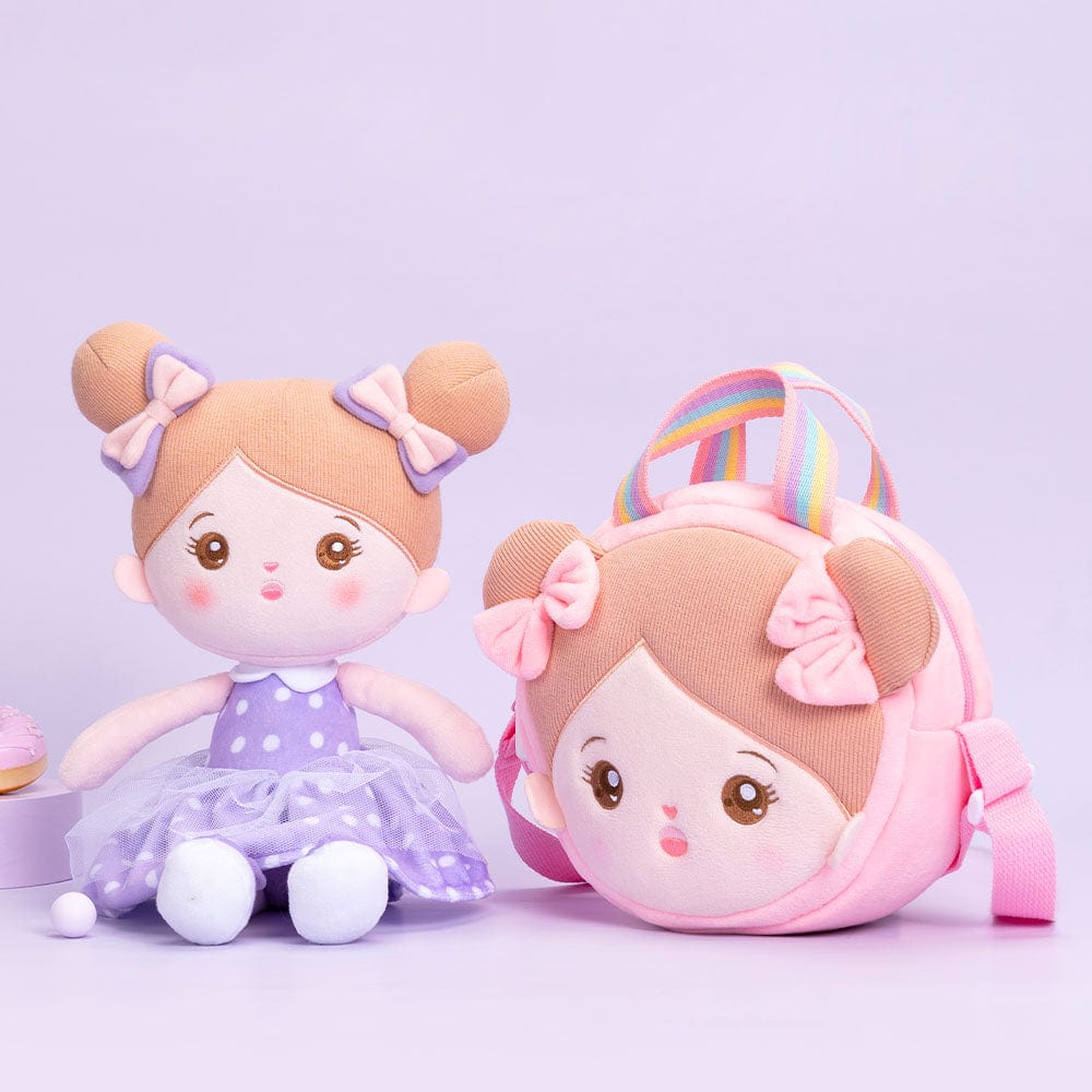 Puppenia Personalisierte Plüschpuppen mit Offenen Augen im Kleid mit Lila Punkten Lila Punkte🟣+Tasche👜