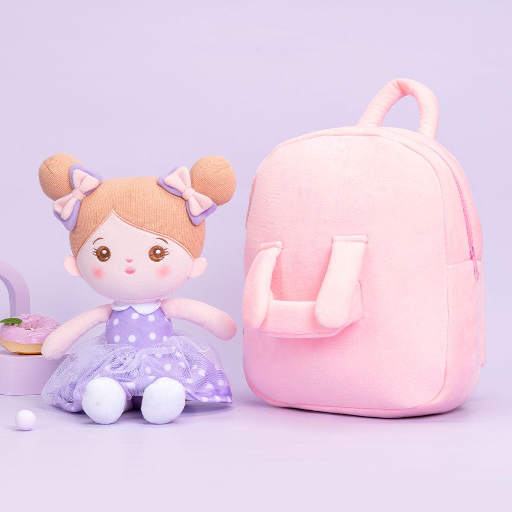 Puppenia Personalisierte Plüschpuppen mit Offenen Augen im Kleid mit Lila Punkten Lila Punkte🟣+Rosa Rucksack🎒