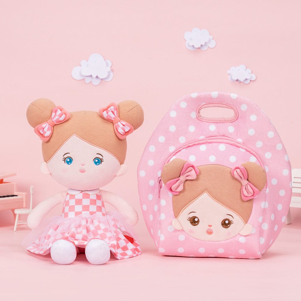 OUOZZZ Personalisierte Plüschpuppen mit Offenen Blaue Augen im Pinkes Kleid Mit Lunchpaket🍱