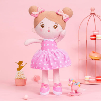 Puppenia Personalisierte Plüschpuppen mit Offenen Augen im Kleid mit Rosa Punkten-1 Punkte Rosen🌸