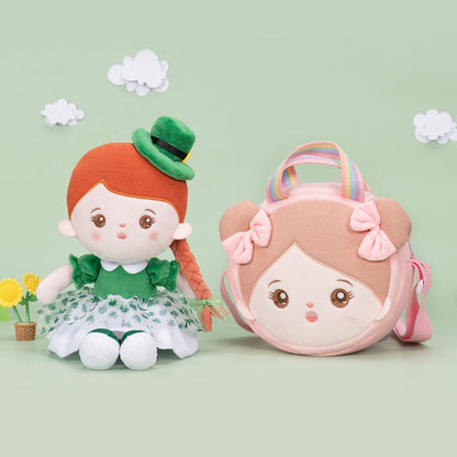 Puppenia Personalisierte Plüschpuppen mit Offenen Augen im Kleekostümim Kleeblatt🍀+Tasche👜
