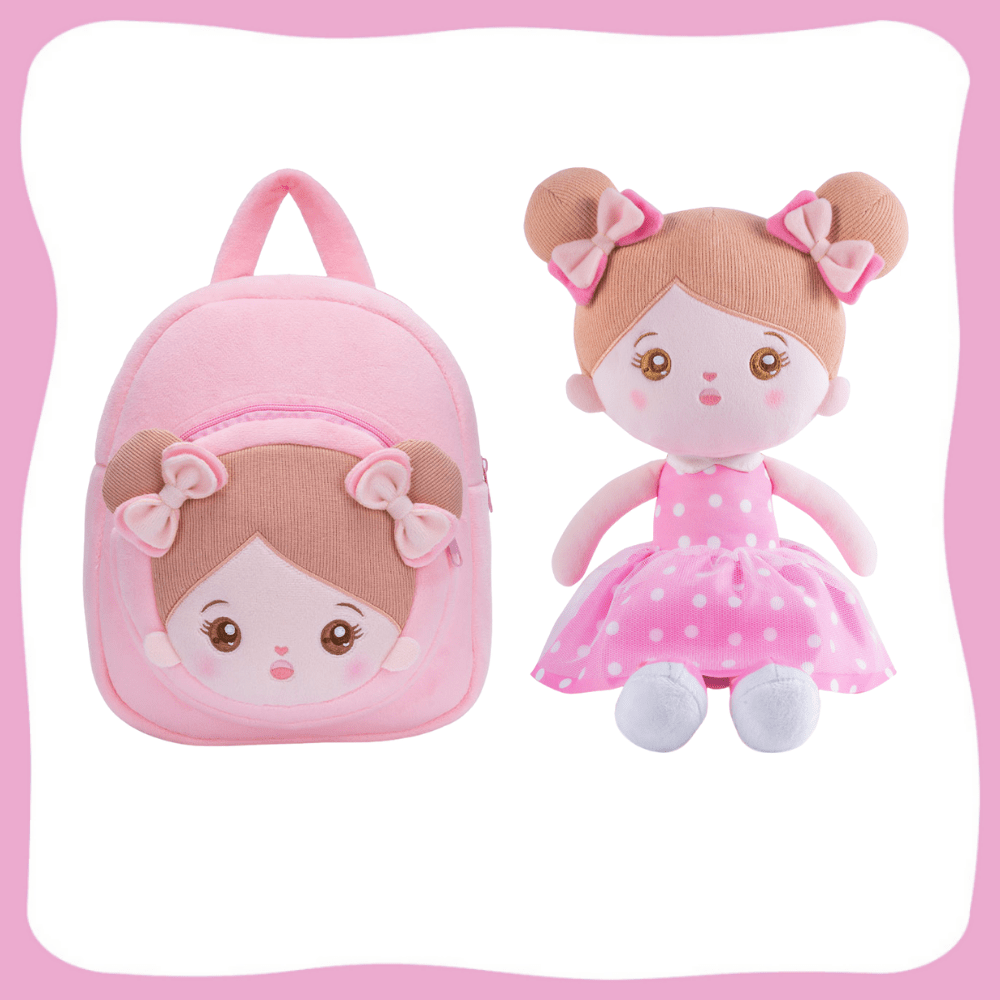 Puppenia Personalisierte Plüschpuppe im rosa gepunkteten Kleid + Kinderrucksack Punkte Rosen🌸+Rucksack🎒