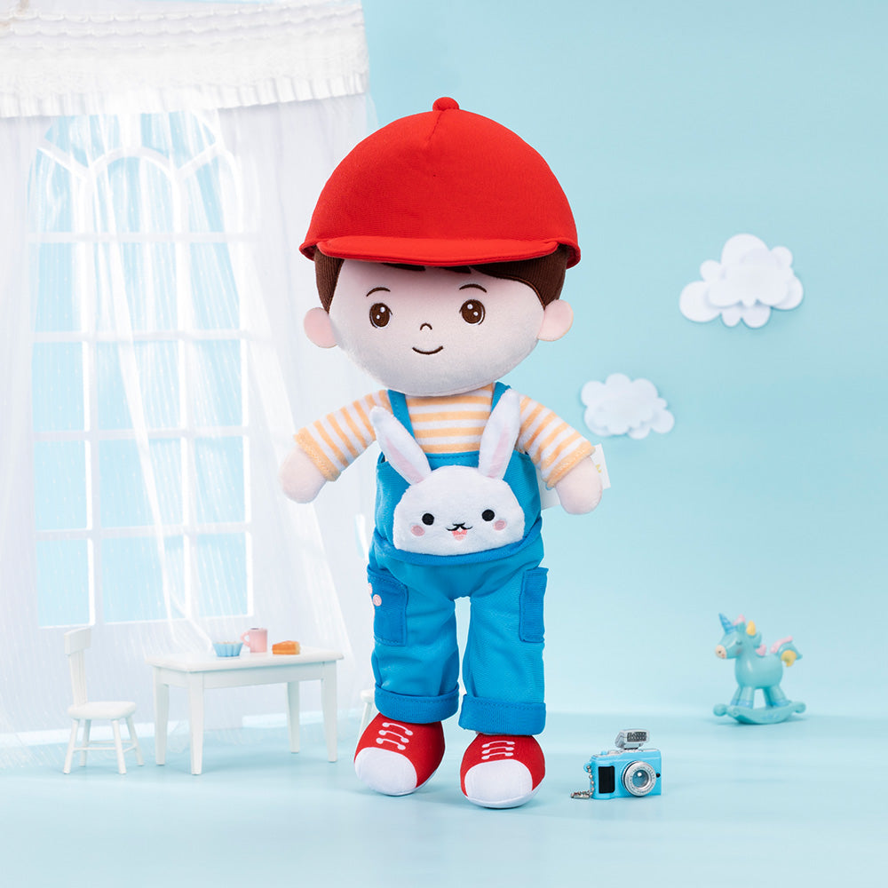Personalisierte Plüschpuppe für Jungen im Kaninchen-Overalls
