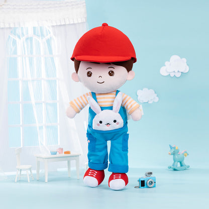 Personalisierte Plüschpuppe für Jungen im Kaninchen-Overalls
