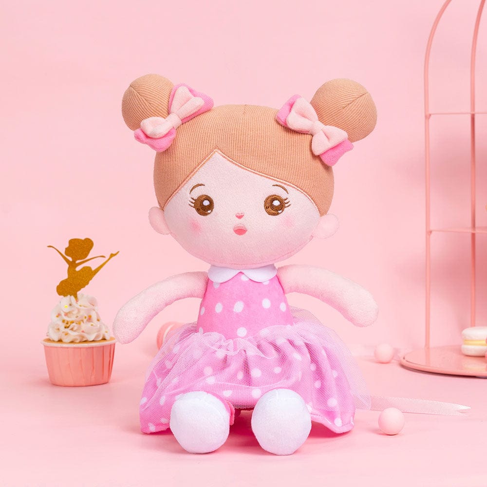 Puppenia Personalisierte Plüschpuppen mit Offenen Augen im Kleid mit Rosa Punkten
