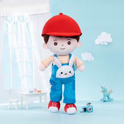 Personalisierte Plüschpuppe für Jungen im Kaninchen-Overalls