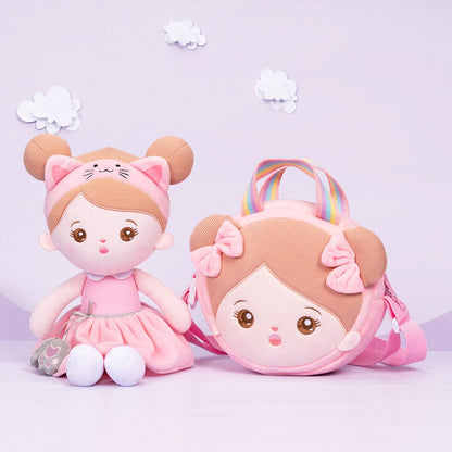 OUOZZZ Personalisierte Plüschpuppen mit Offenen Augen aus Rosa Katze Mit Tasche👜