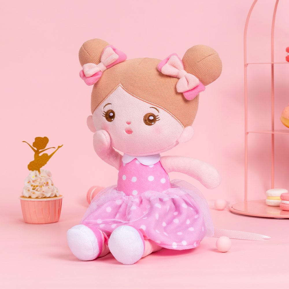 Puppenia Personalisierte Plüschpuppen mit Offenen Augen im Kleid mit Rosa Punkten