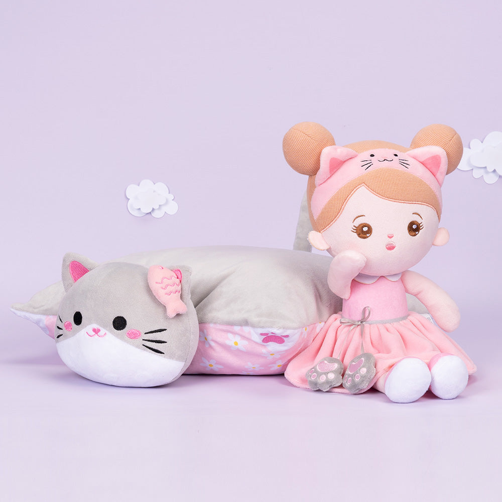 Personalisierte Plüsch-Katzenpuppe & Kissen & Beruhigendes Handtuch Geschenkset