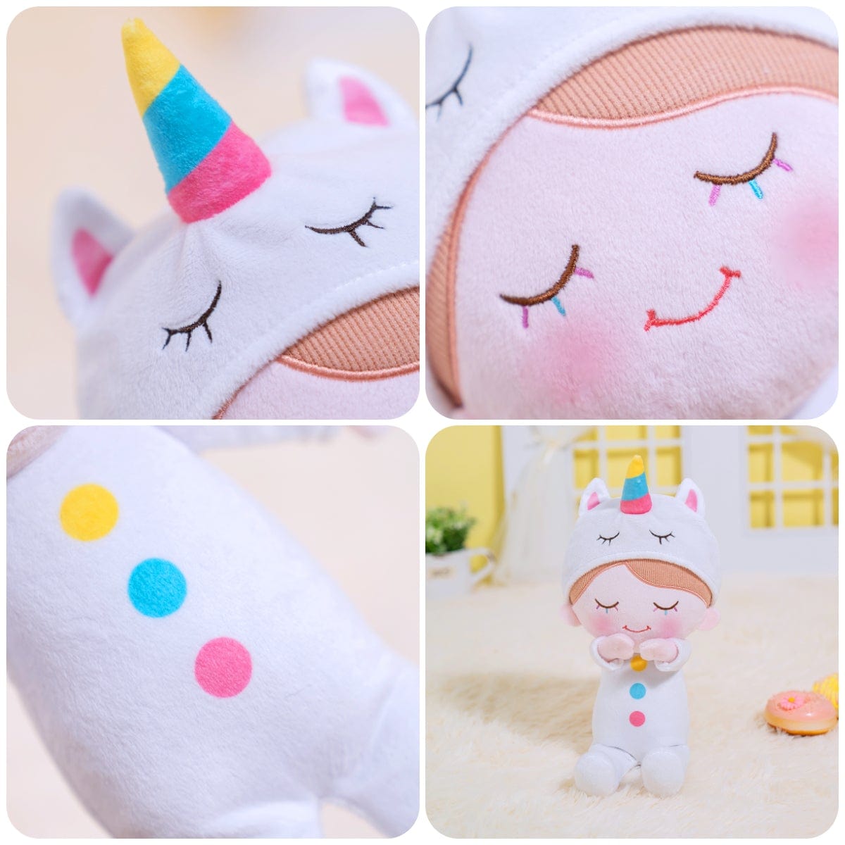 Personalizedoll Personalisierte Plüschpuppe mit Regenbogenwimpern im Einhorn-Pyjama