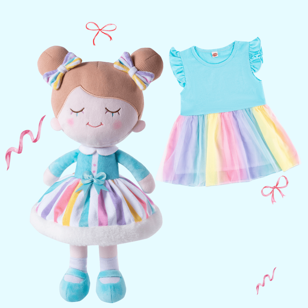 OUOZZZ Personalized Iris Rainbow Doll with Blue Baby Rainbow Dress Puppe + Kleid / 90
