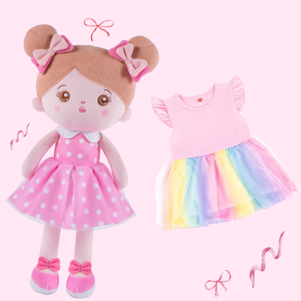 OUOZZZ Personalisierte Puppe mit Rosa Punkten und Rosafarbenem Regenbogenkleid Puppe + Kleid / 90
