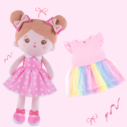 OUOZZZ Personalisierte Puppe mit Rosa Punkten und Rosafarbenem Regenbogenkleid Puppe + Kleid / 90