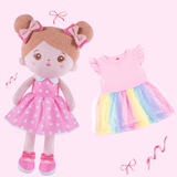 Personalisierte Puppe mit Rosa Punkten und Rosafarbenem Regenbogenkleid